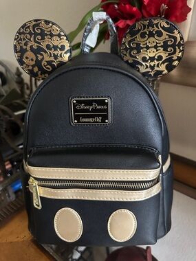 Disney Parks Loungefly Black & Gold Mickey Ear 50th Pirates Caribbean  Backpack